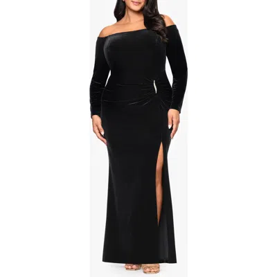 Xscape Evenings Off The Shoulder Long Sleeve Stretch Velvet Mermaid Gown In Black