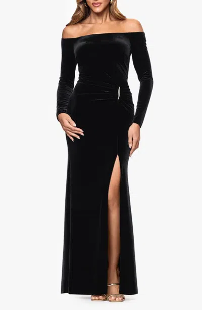 Xscape Evenings Off The Shoulder Long Sleeve Stretch Velvet Mermaid Gown In Black