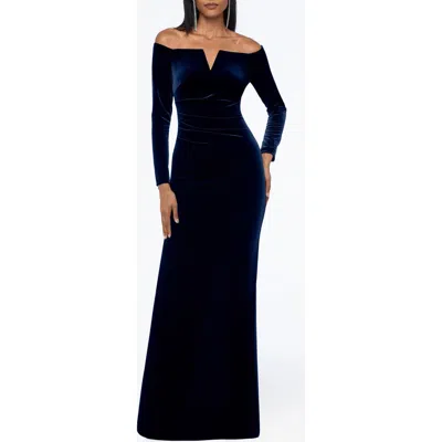 Xscape Evenings Off The Shoulder Long Sleeve Velvet Gown In Navy