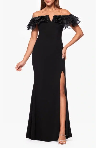 Xscape Evenings Off The Shoulder Organza & Scuba Crepe Gown In Black