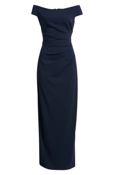 Xscape Evenings Off The Shoulder Ruched Dress In Blue