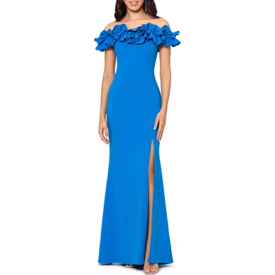 Xscape Evenings Off The Shoulder Ruffle Crepe Trumpet Gown