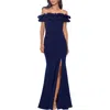 Xscape Evenings Off The Shoulder Ruffle Crepe Trumpet Gown In Blue