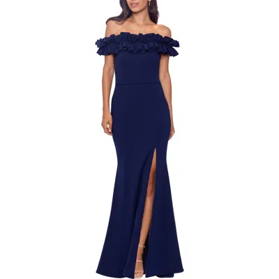 Xscape Evenings Off The Shoulder Ruffle Crepe Trumpet Gown In Blue