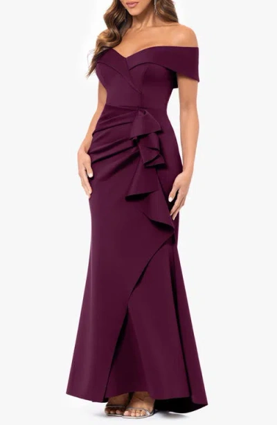 Xscape Evenings Off The Shoulder Ruffle Scuba Crepe Gown In Burgundy