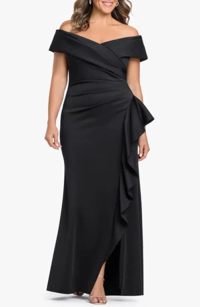 Xscape Evenings Off The Shoulder Ruffle Scuba Crepe Gown In Black