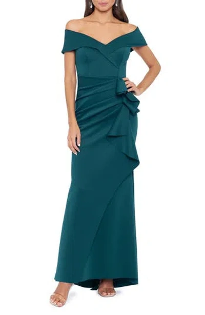 Xscape Evenings Off The Shoulder Ruffle Scuba Crepe Gown In Green