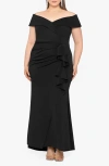 Xscape Evenings Off The Shoulder Ruffle Scuba Gown In Black