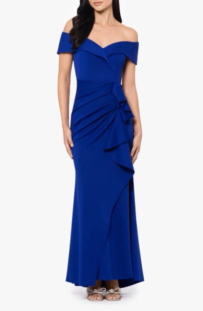 Xscape Evenings Off The Shoulder Ruffle Scuba Gown In Marine