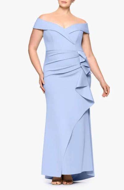 Xscape Evenings Off The Shoulder Ruffle Scuba Gown In Periwinkle