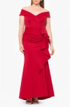 Xscape Evenings Off The Shoulder Ruffle Scuba Gown In Red