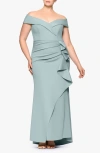 Xscape Evenings Off The Shoulder Ruffle Scuba Gown In Sage