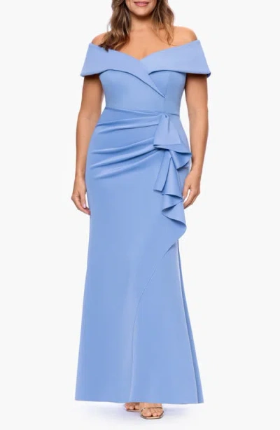 Xscape Evenings Off The Shoulder Ruffle Scuba Knit Gown In Blue