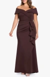 Xscape Evenings Off The Shoulder Ruffle Scuba Knit Gown In Brown