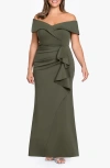 Xscape Evenings Off The Shoulder Ruffle Scuba Knit Gown In Green