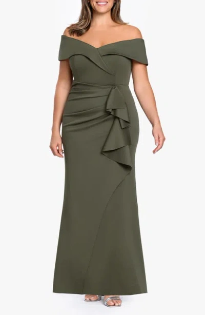 Xscape Evenings Off The Shoulder Ruffle Scuba Knit Gown In Green
