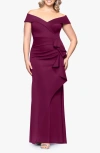 Xscape Evenings Off The Shoulder Ruffle Scuba Knit Gown In Purple
