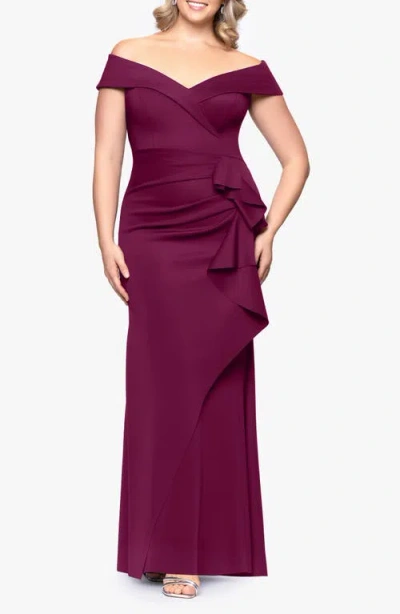 Xscape Evenings Off The Shoulder Ruffle Scuba Knit Gown In Purple