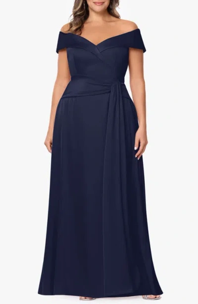 Xscape Evenings Off The Shoulder Satin Gown In Blue