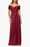 Xscape Evenings Off The Shoulder Satin Gown In Burgundy