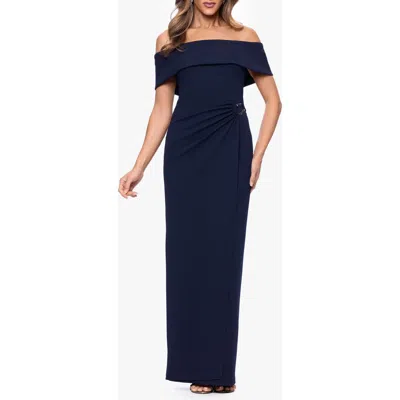 Xscape Evenings Off The Shoulder Scuba Crepe Gown In Blue