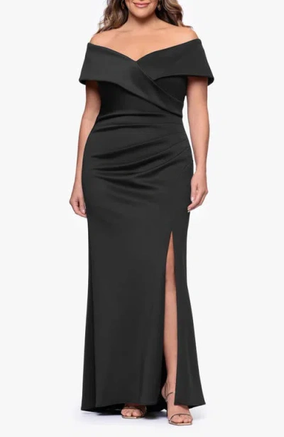 Xscape Evenings Off The Shoulder Scuba Knit Gown In Black