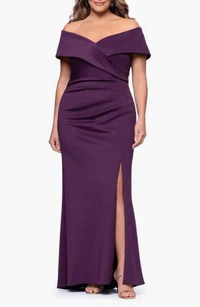 Xscape Evenings Off The Shoulder Scuba Knit Gown In Purple