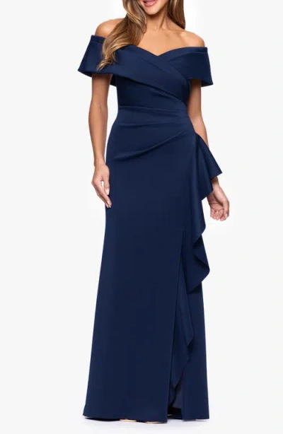 Xscape Evenings Off The Shoulder Scuba Mermaid Gown In Blue