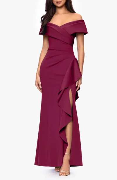 Xscape Evenings Off The Shoulder Scuba Mermaid Gown In Burgundy