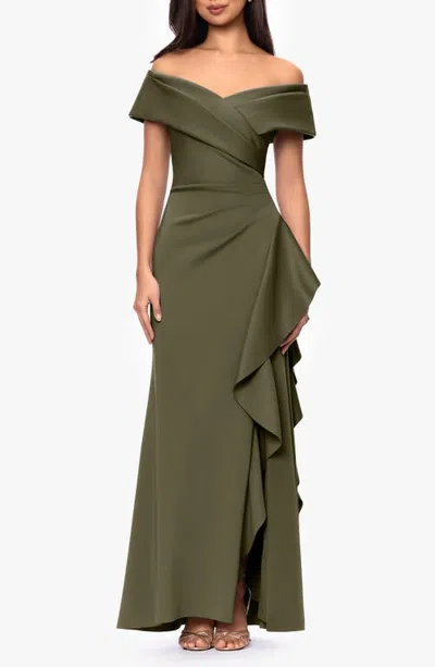 Xscape Evenings Off The Shoulder Scuba Mermaid Gown In Green
