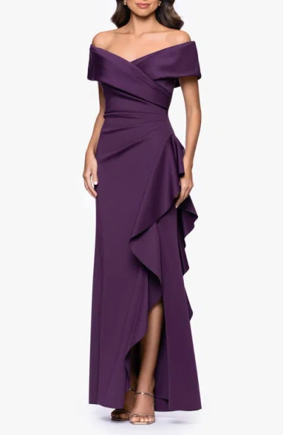 Xscape Evenings Off The Shoulder Scuba Mermaid Gown In Purple