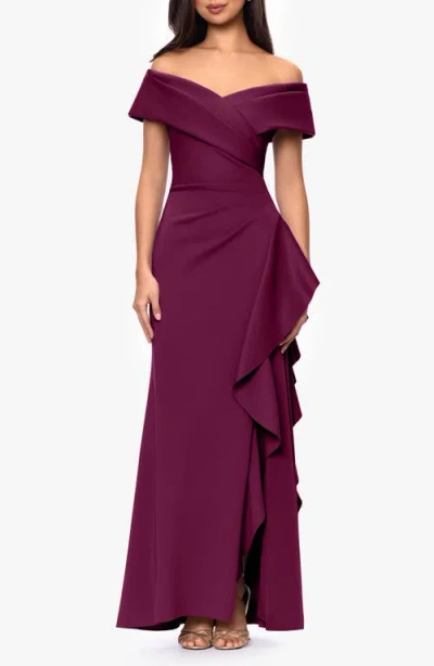 Xscape Evenings Off The Shoulder Scuba Mermaid Gown In Purple