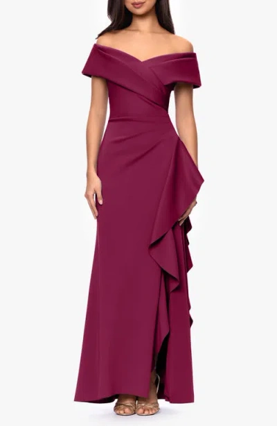 Xscape Evenings Off The Shoulder Scuba Mermaid Gown In Wine