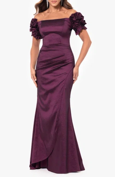 Xscape Evenings Off The Shoulder Taffeta Sheath Gown In Brown