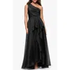 Xscape Evenings One-shoulder Metallic Organza Gown In Black
