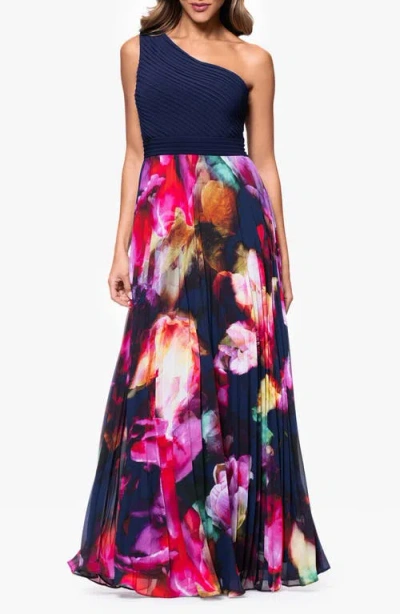 Xscape Evenings One-shoulder Mixed Media Gown In Blue