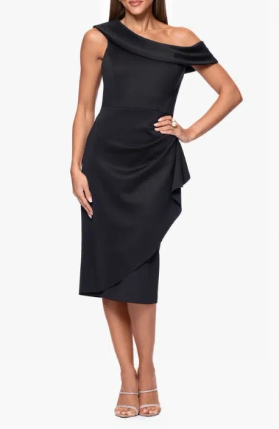 Xscape Evenings One-shoulder Ruched Cocktail Midi Dress In Black