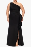 Xscape Evenings One-shoulder Ruffle Detail Scuba Gown In Black