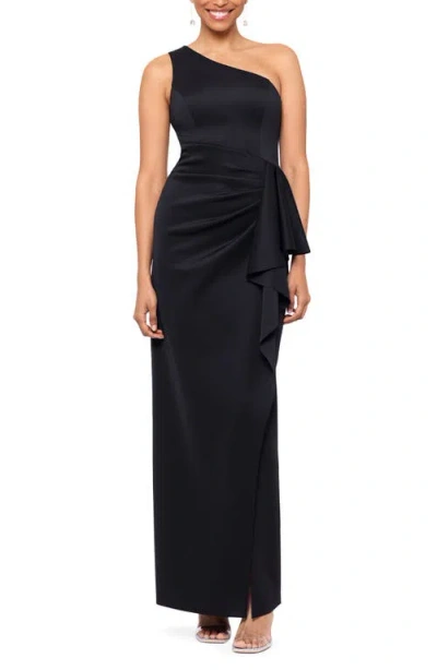 Xscape Evenings One-shoulder Ruffle Scuba Crepe Gown In Black