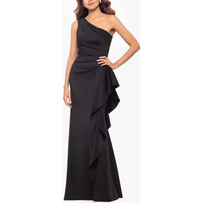 Xscape Evenings One-shoulder Ruffle Scuba Crepe Gown In Black