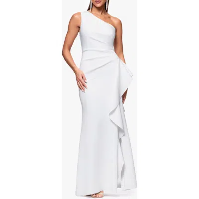 Xscape Evenings One-shoulder Ruffle Scuba Crepe Gown In Ivory