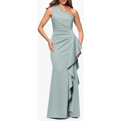 Xscape Evenings One-shoulder Ruffle Scuba Crepe Gown In Sage
