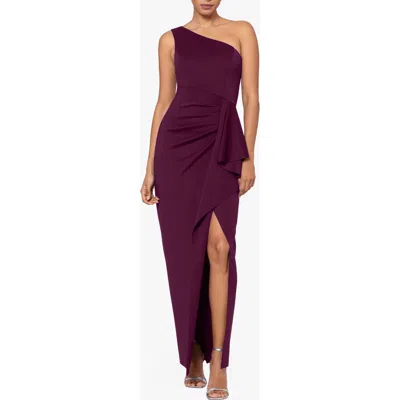 Xscape Evenings One-shoulder Ruffle Scuba Crepe Gown In Wine