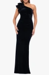 Xscape Evenings One-shoulder Ruffle Stretch Velvet Gown In Black