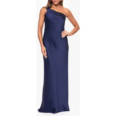 Xscape Evenings One-shoulder Satin Gown In Navy