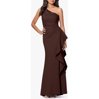 Xscape Evenings One-shoulder Ruffle Scuba Crepe Gown In Brown