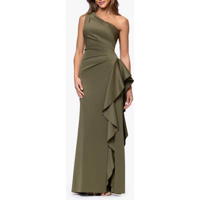 Xscape Evenings One-shoulder Ruffle Scuba Crepe Gown In Green