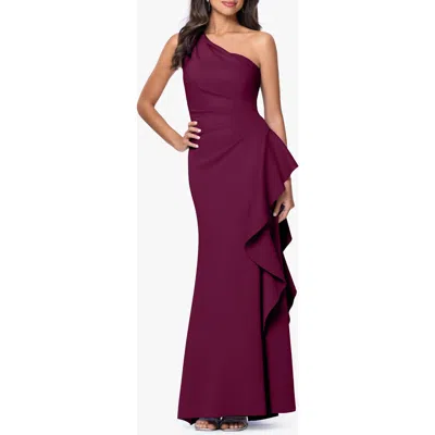 Xscape Evenings One-shoulder Ruffle Scuba Crepe Gown In Purple