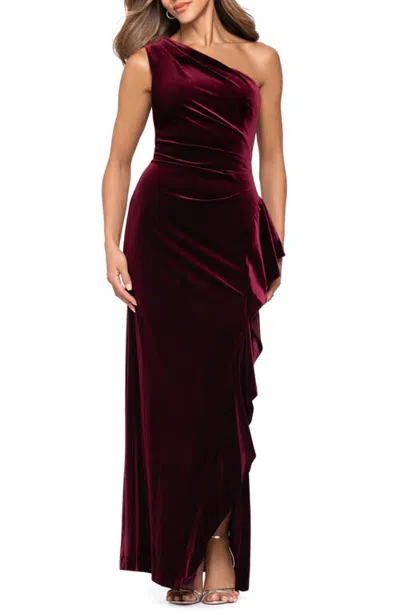 Xscape Evenings One-shoulder Ruffle Stretch Velvet Gown In Burgundy