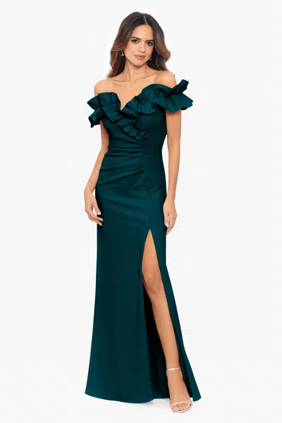Xscape Evenings "pandora" Long Scuba Crepe Ruffle Top Dress In Green